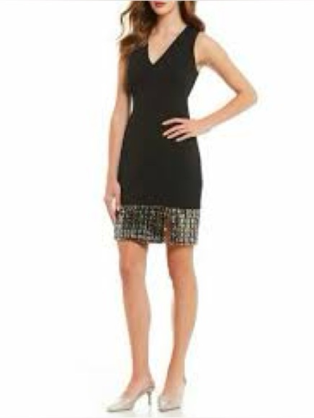 VINCE CAMUTO Black V‑Neck Sleeveless Mini Dress Sequins Hem 8 Cocktail Party